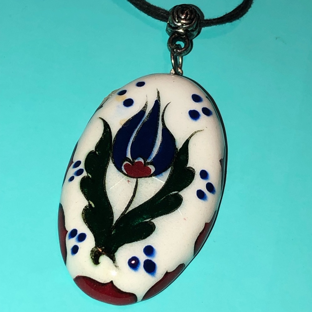 Hand painted oval pendant w/ black string necklace